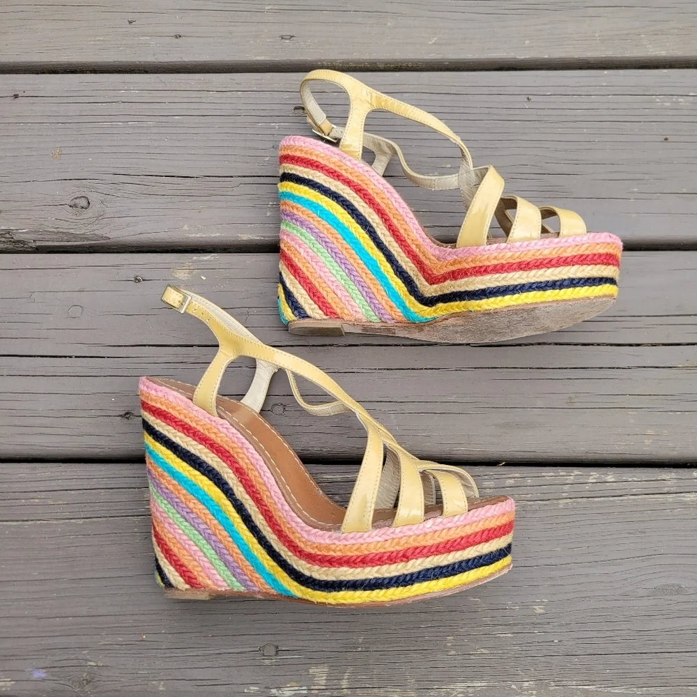 Kate‎ Spade Lindsey Nude Leather Strappy Rainbow Espadrille Platform Sandals 7.5